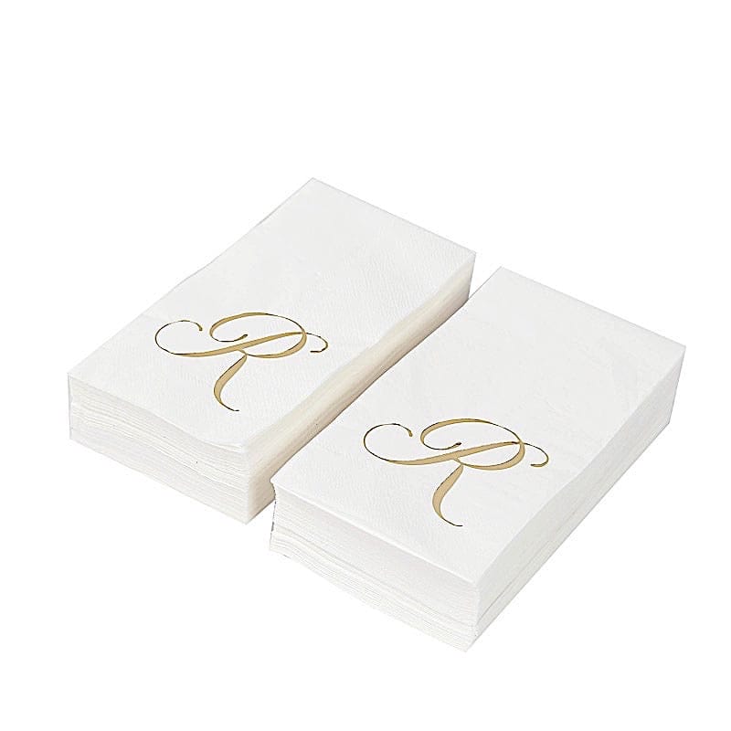 100 White Dinner Paper Napkins with Gold Foil Letter Design
