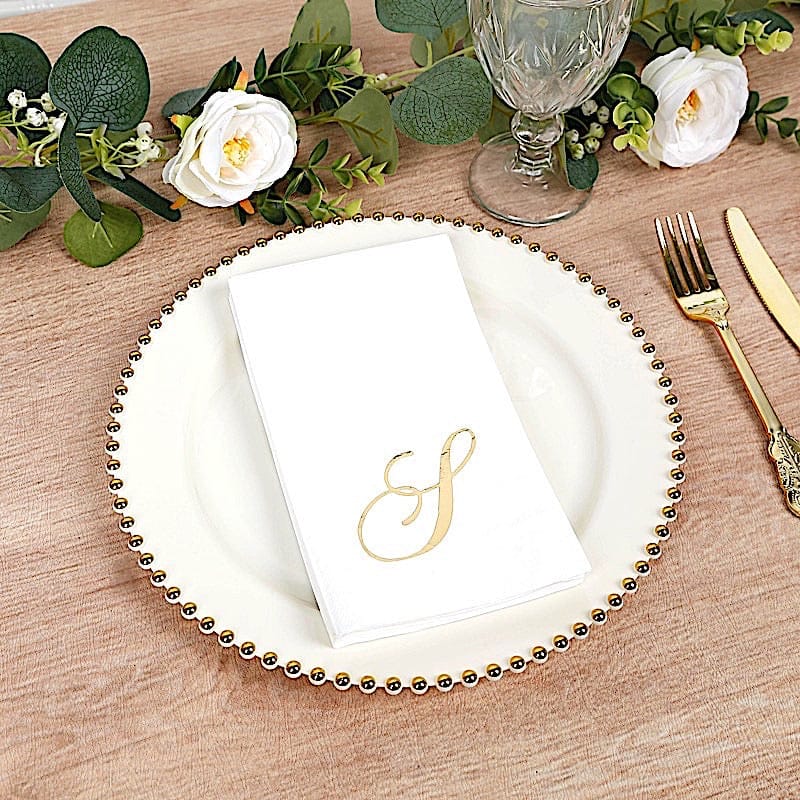100 White Dinner Paper Napkins with Gold Foil Letter Design