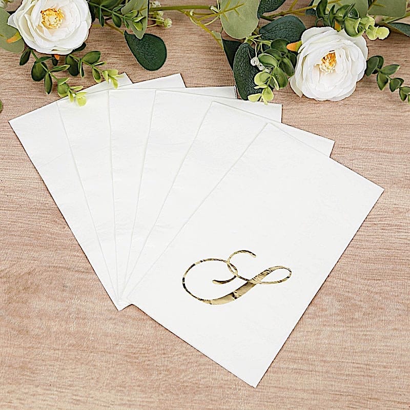 100 White Dinner Paper Napkins with Gold Foil Letter Design