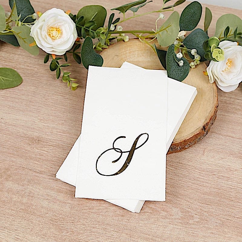 100 White Dinner Paper Napkins with Gold Foil Letter Design