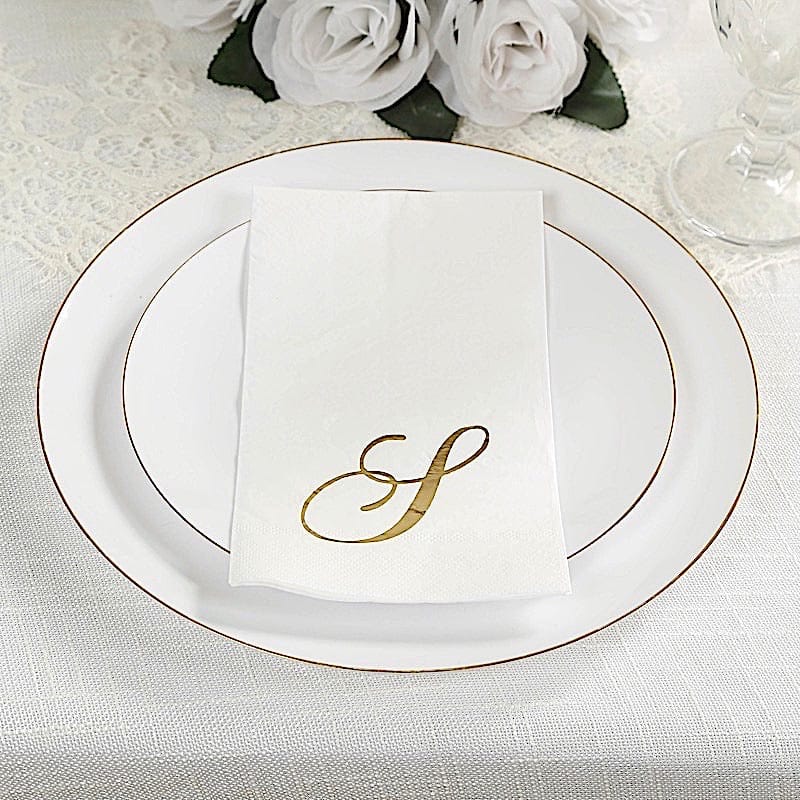 100 White Dinner Paper Napkins with Gold Foil Letter Design