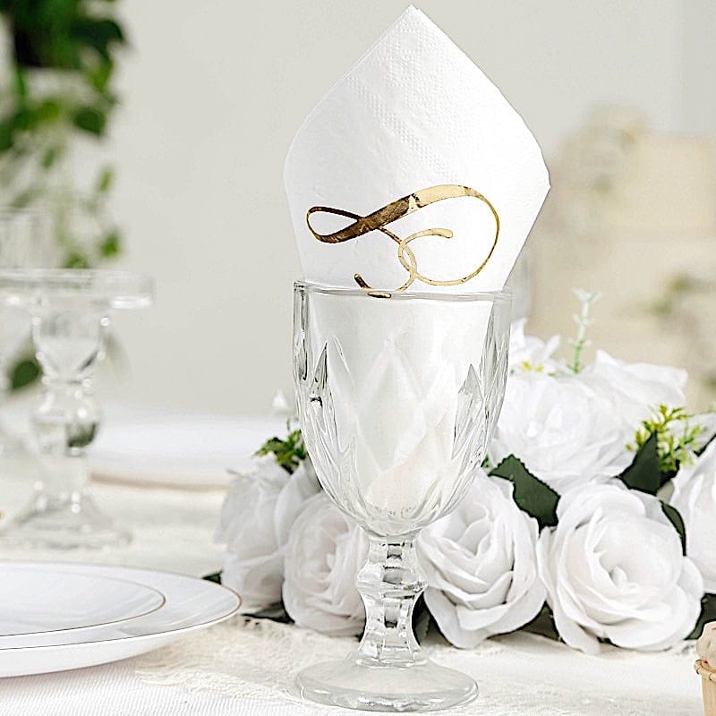 100 White Dinner Paper Napkins with Gold Foil Letter Design
