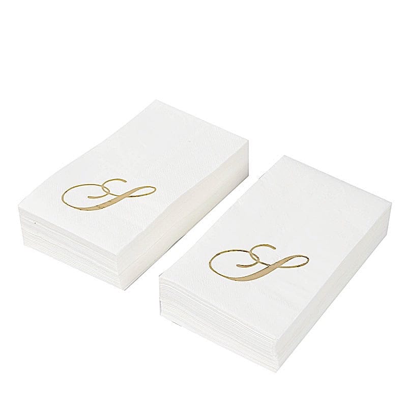 100 White Dinner Paper Napkins with Gold Foil Letter Design