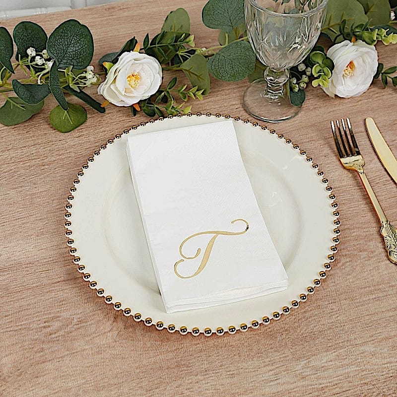 100 White Dinner Paper Napkins with Gold Foil Letter Design