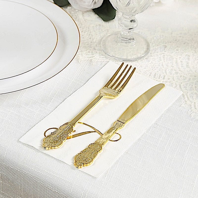 100 White Dinner Paper Napkins with Gold Foil Letter Design