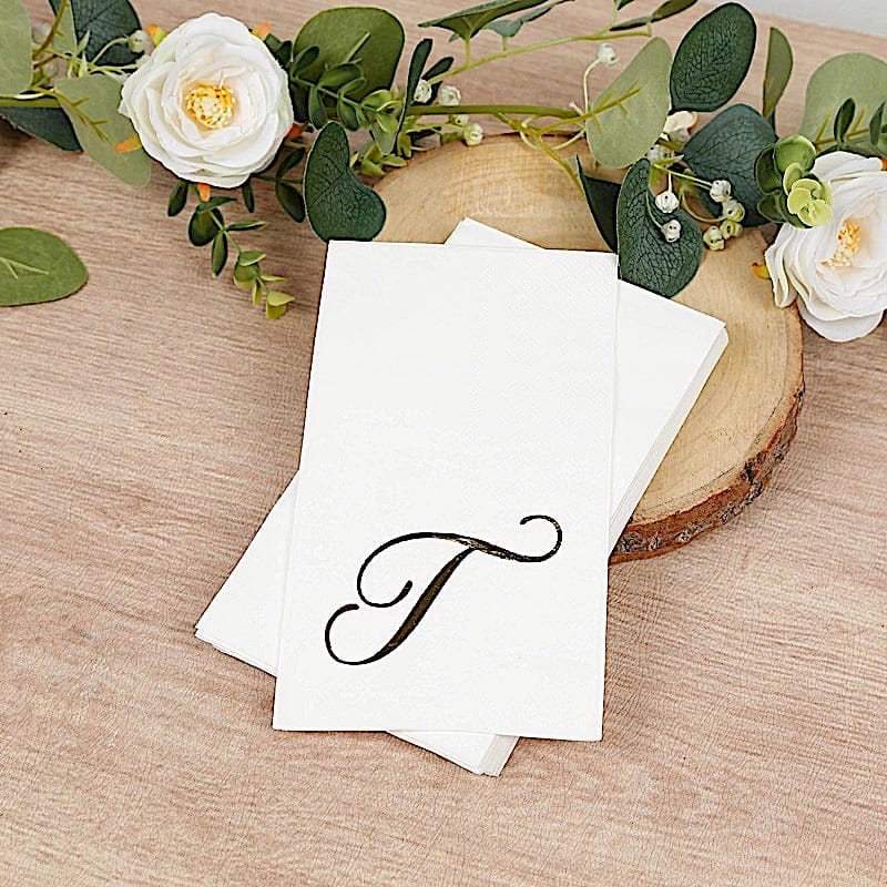 100 White Dinner Paper Napkins with Gold Foil Letter Design