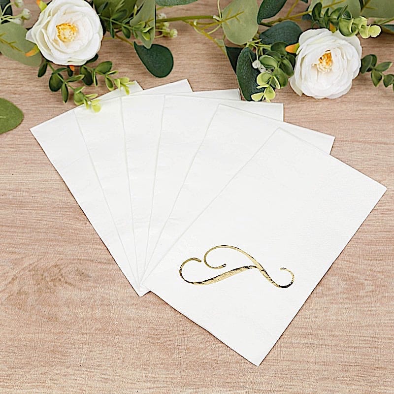 100 White Dinner Paper Napkins with Gold Foil Letter Design