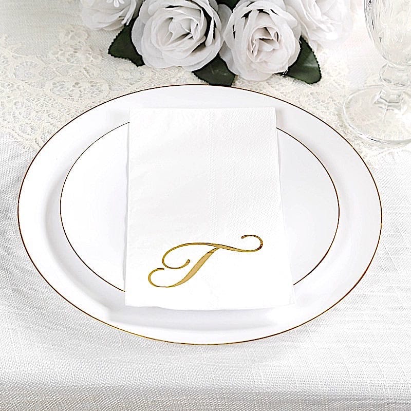 100 White Dinner Paper Napkins with Gold Foil Letter Design