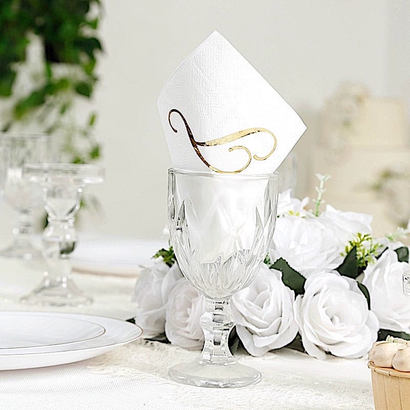 100 White Dinner Paper Napkins with Gold Foil Letter Design