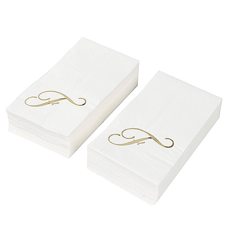 100 White Dinner Paper Napkins with Gold Foil Letter Design