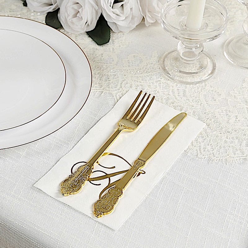 100 White Dinner Paper Napkins with Gold Foil Letter Design