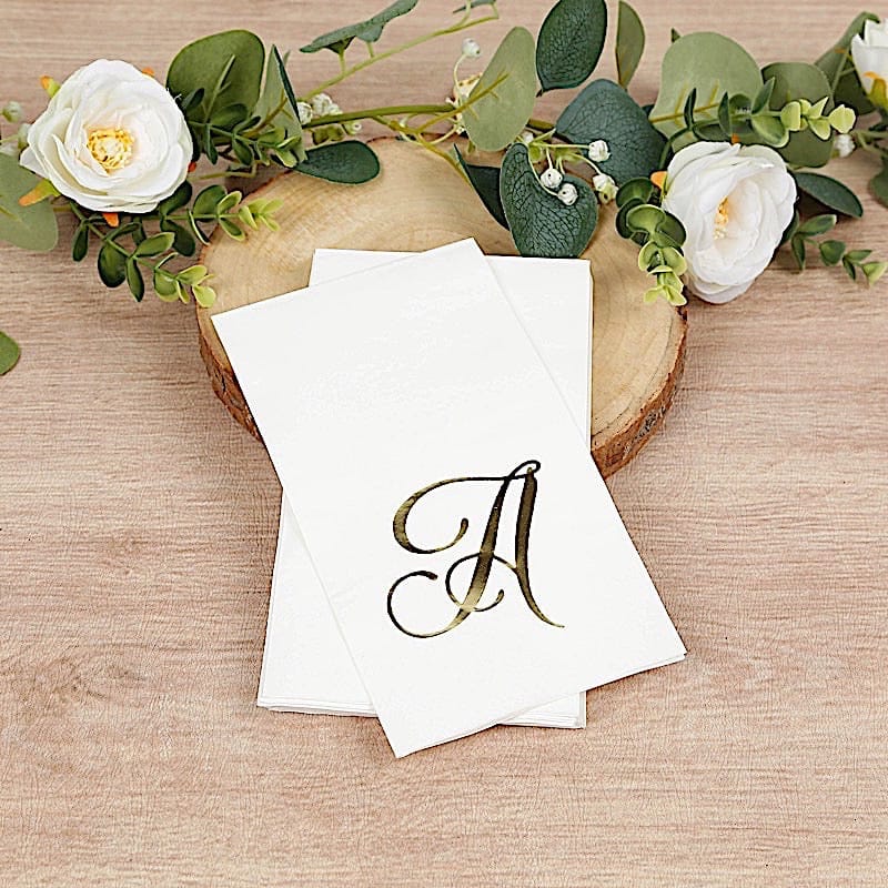 100 White Dinner Paper Napkins with Gold Foil Letter Design