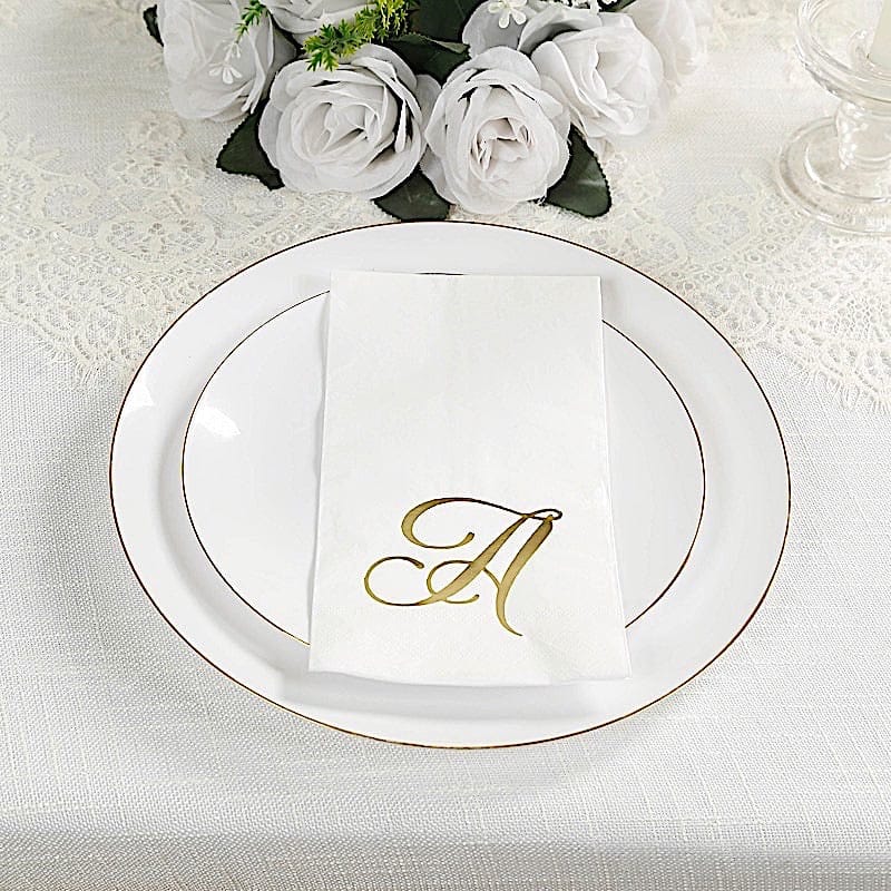 100 White Dinner Paper Napkins with Gold Foil Letter Design