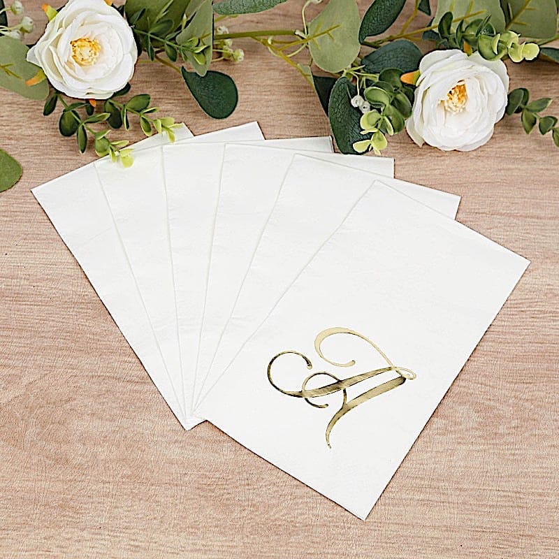 100 White Dinner Paper Napkins with Gold Foil Letter Design