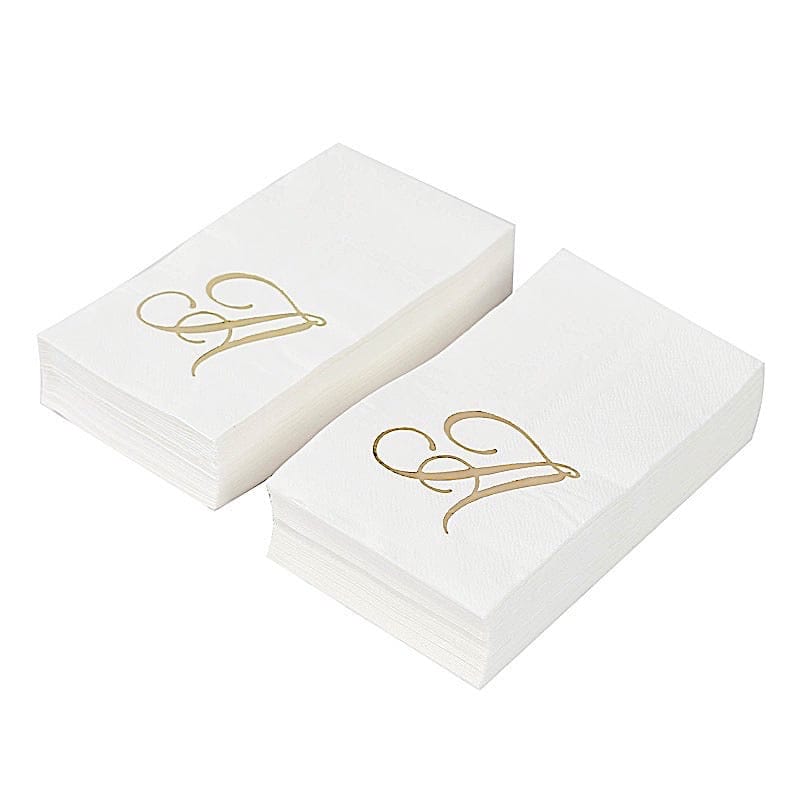 100 White Dinner Paper Napkins with Gold Foil Letter Design
