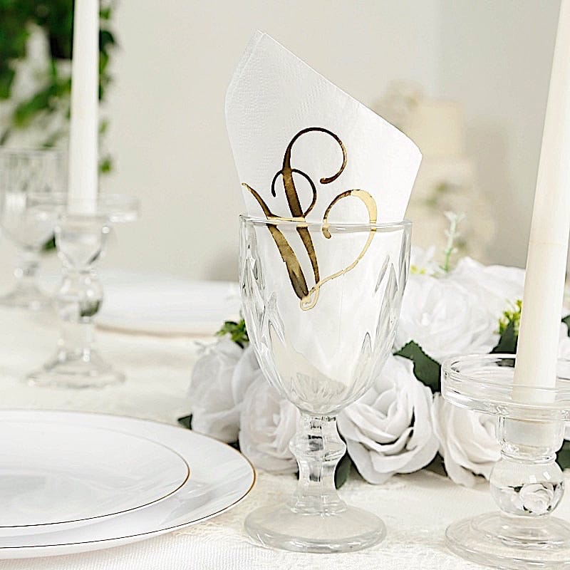100 White Dinner Paper Napkins with Gold Foil Letter Design