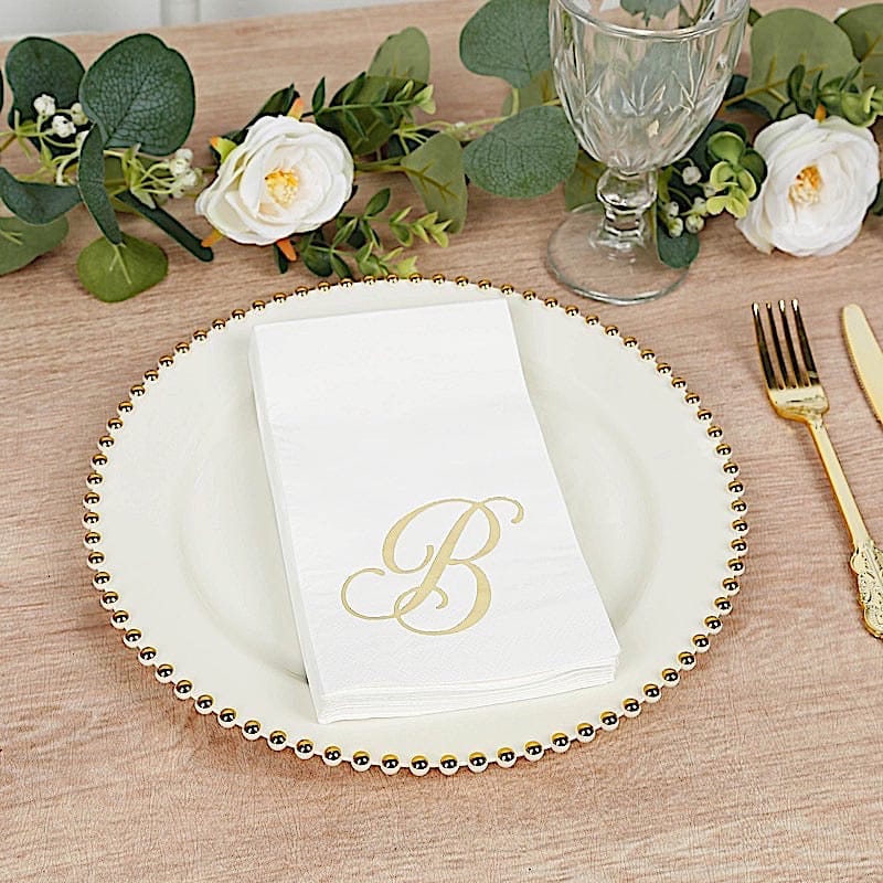 100 White Dinner Paper Napkins with Gold Foil Letter Design