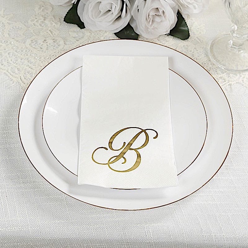 100 White Dinner Paper Napkins with Gold Foil Letter Design