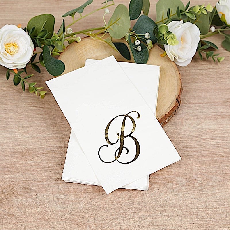 100 White Dinner Paper Napkins with Gold Foil Letter Design