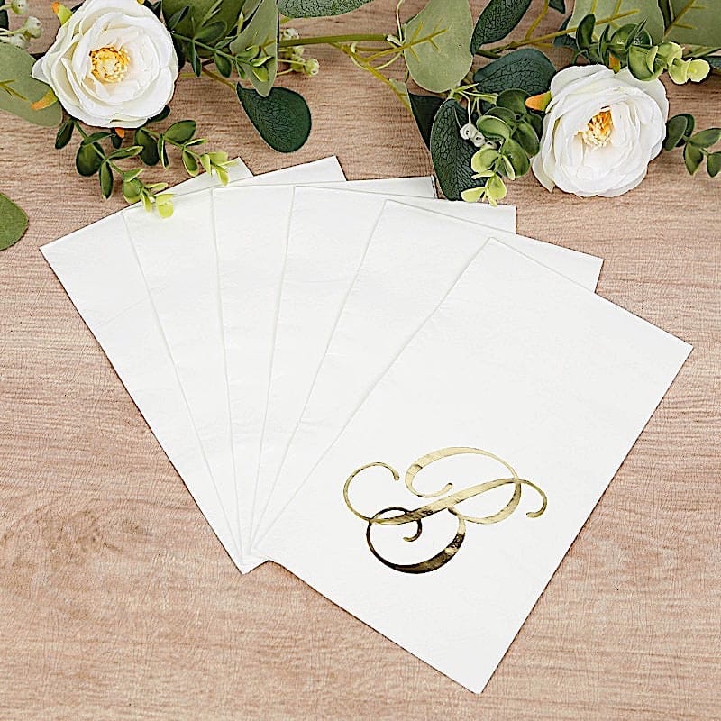 100 White Dinner Paper Napkins with Gold Foil Letter Design