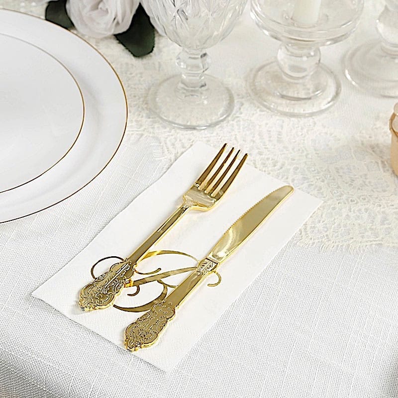 100 White Dinner Paper Napkins with Gold Foil Letter Design