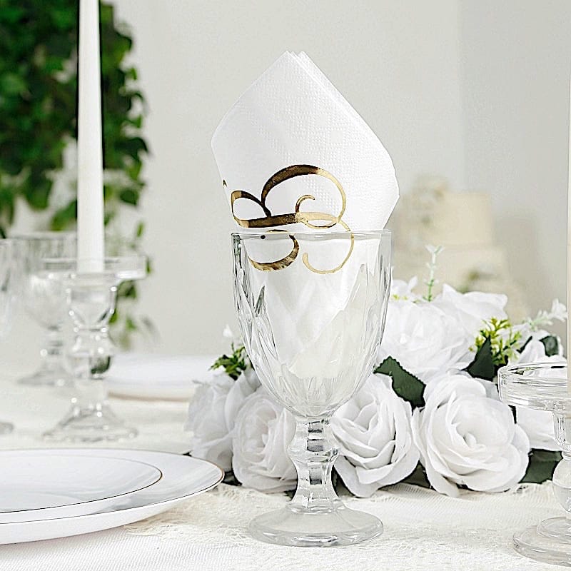 100 White Dinner Paper Napkins with Gold Foil Letter Design