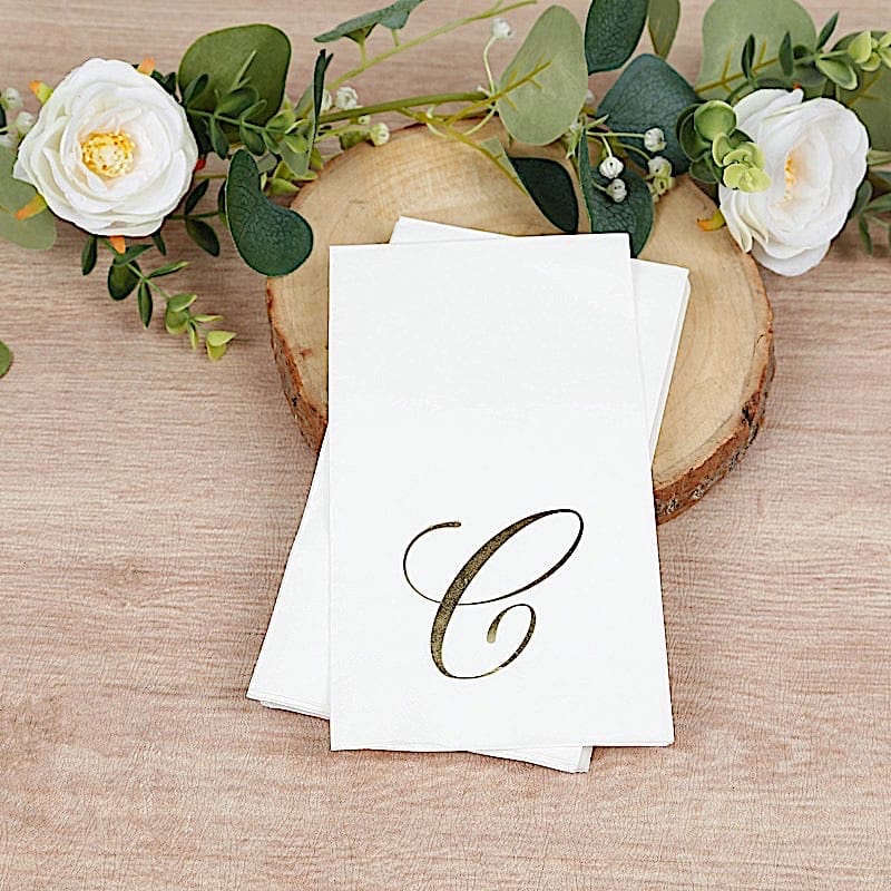 100 White Dinner Paper Napkins with Gold Foil Letter Design