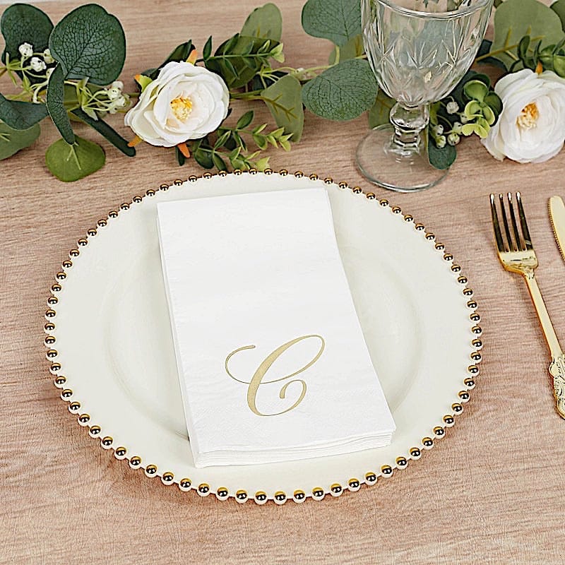 100 White Dinner Paper Napkins with Gold Foil Letter Design