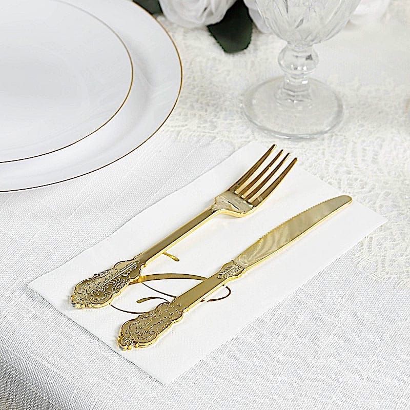 100 White Dinner Paper Napkins with Gold Foil Letter Design