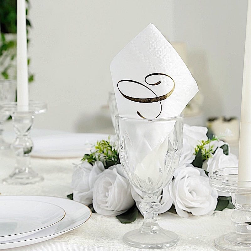 100 White Dinner Paper Napkins with Gold Foil Letter Design