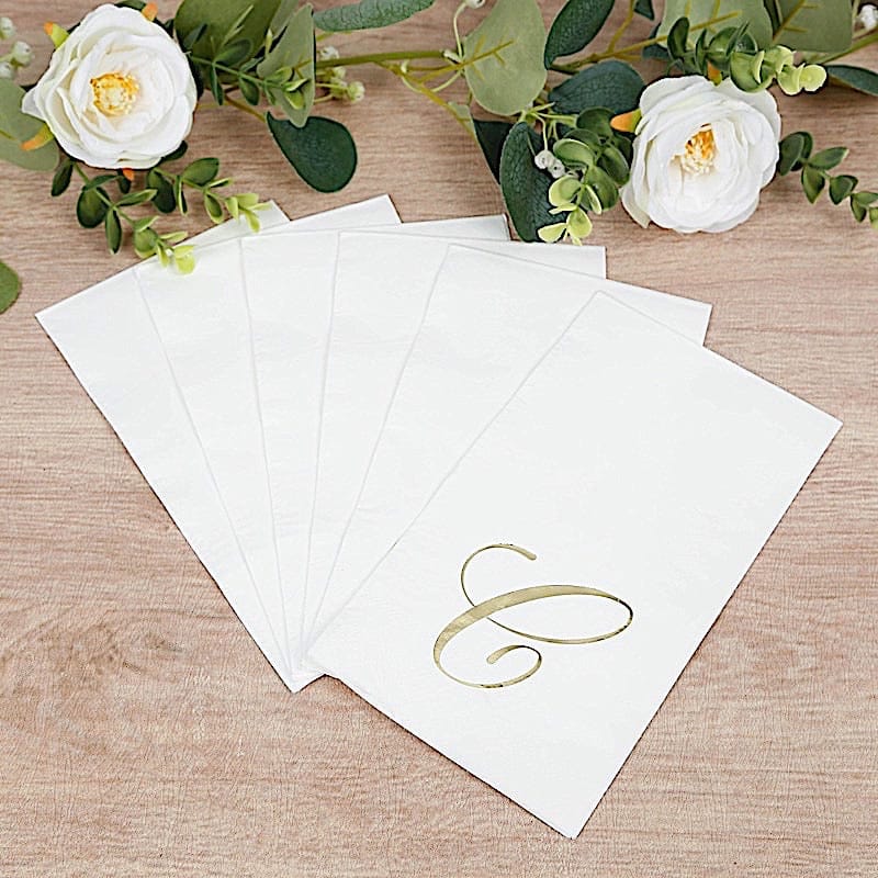 100 White Dinner Paper Napkins with Gold Foil Letter Design