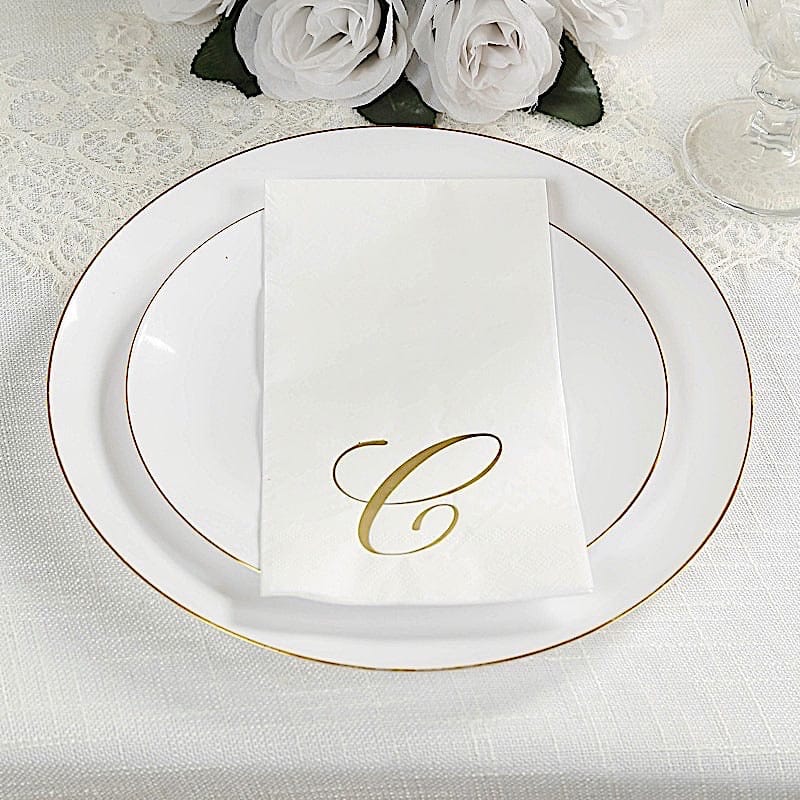 100 White Dinner Paper Napkins with Gold Foil Letter Design