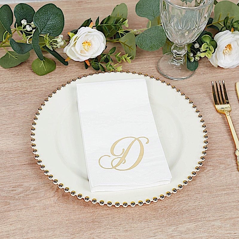 100 White Dinner Paper Napkins with Gold Foil Letter Design