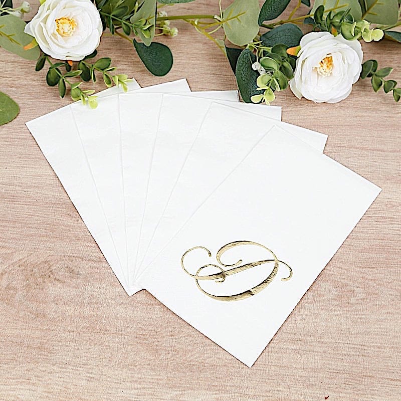 100 White Dinner Paper Napkins with Gold Foil Letter Design