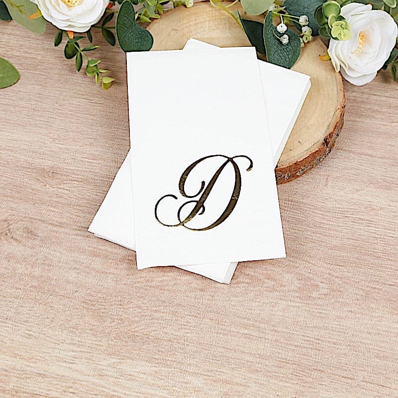 100 White Dinner Paper Napkins with Gold Foil Letter Design