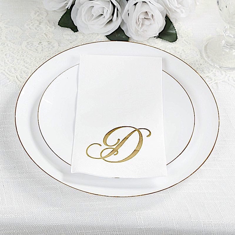 100 White Dinner Paper Napkins with Gold Foil Letter Design