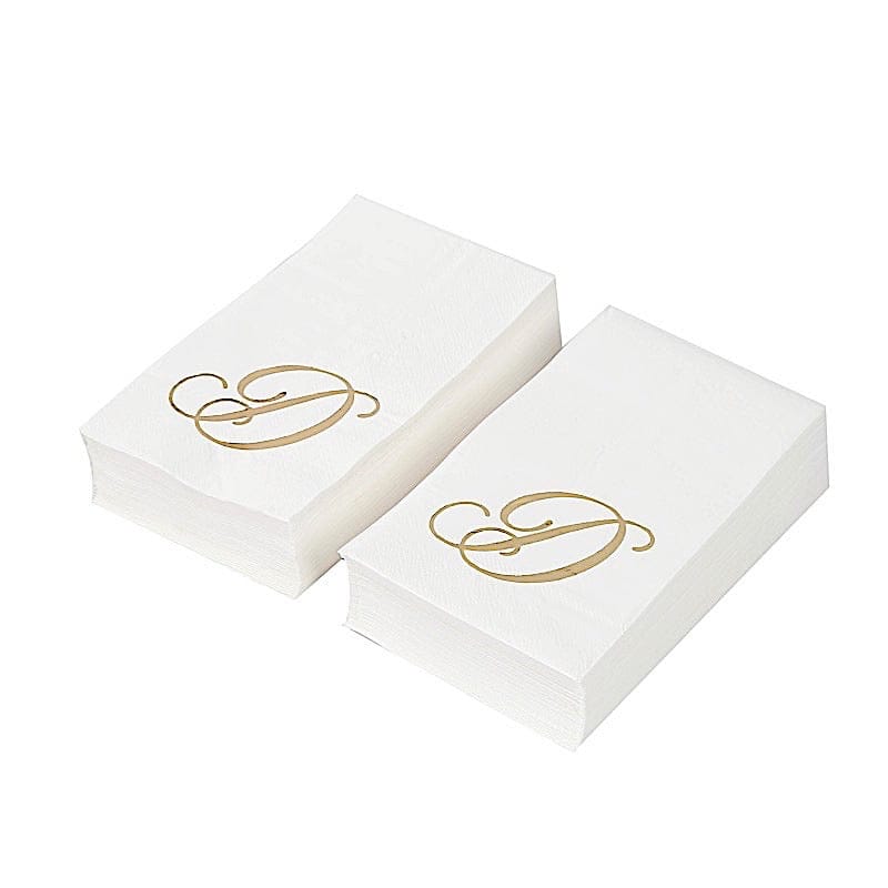 100 White Dinner Paper Napkins with Gold Foil Letter Design