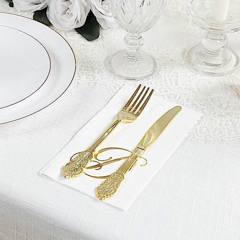 100 White Dinner Paper Napkins with Gold Foil Letter Design