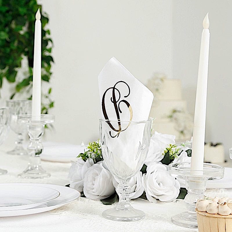 100 White Dinner Paper Napkins with Gold Foil Letter Design