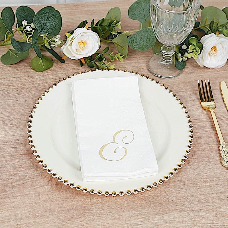 100 White Dinner Paper Napkins with Gold Foil Letter Design