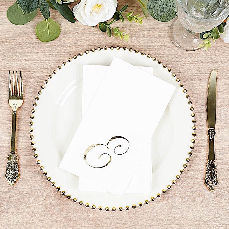 100 White Dinner Paper Napkins with Gold Foil Letter Design