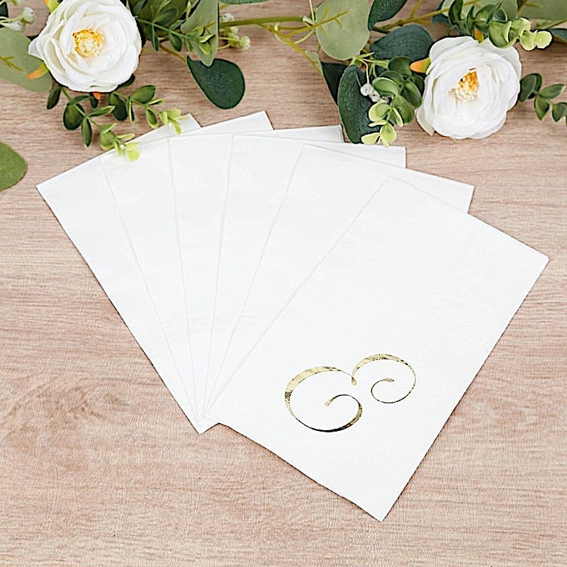 100 White Dinner Paper Napkins with Gold Foil Letter Design
