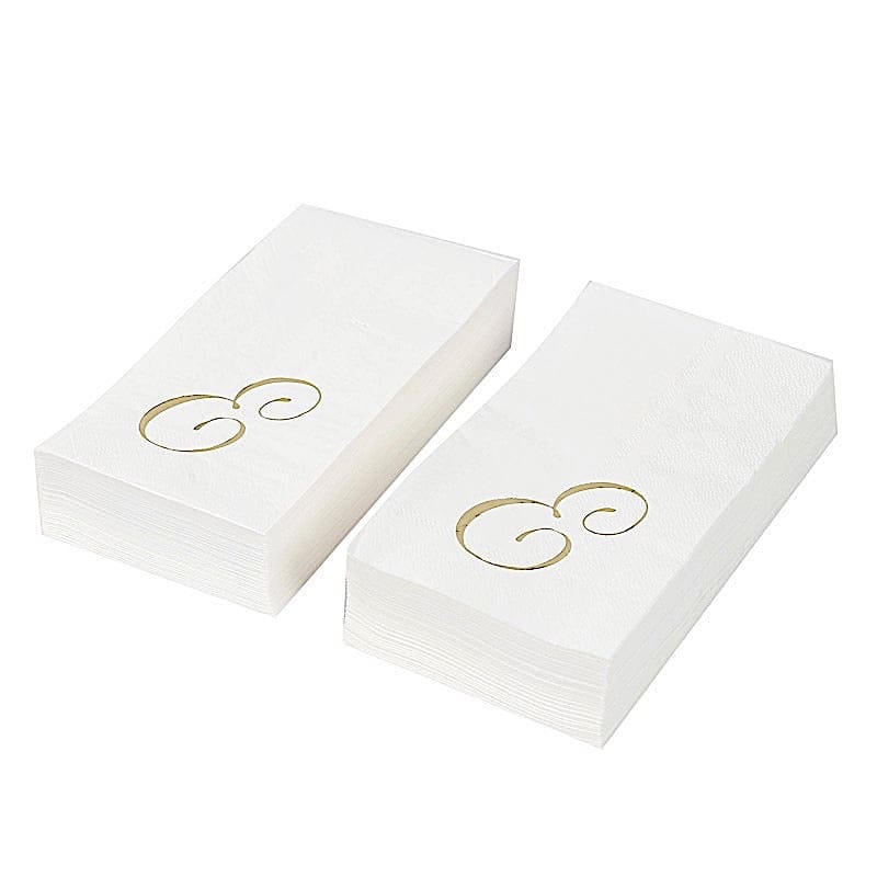100 White Dinner Paper Napkins with Gold Foil Letter Design