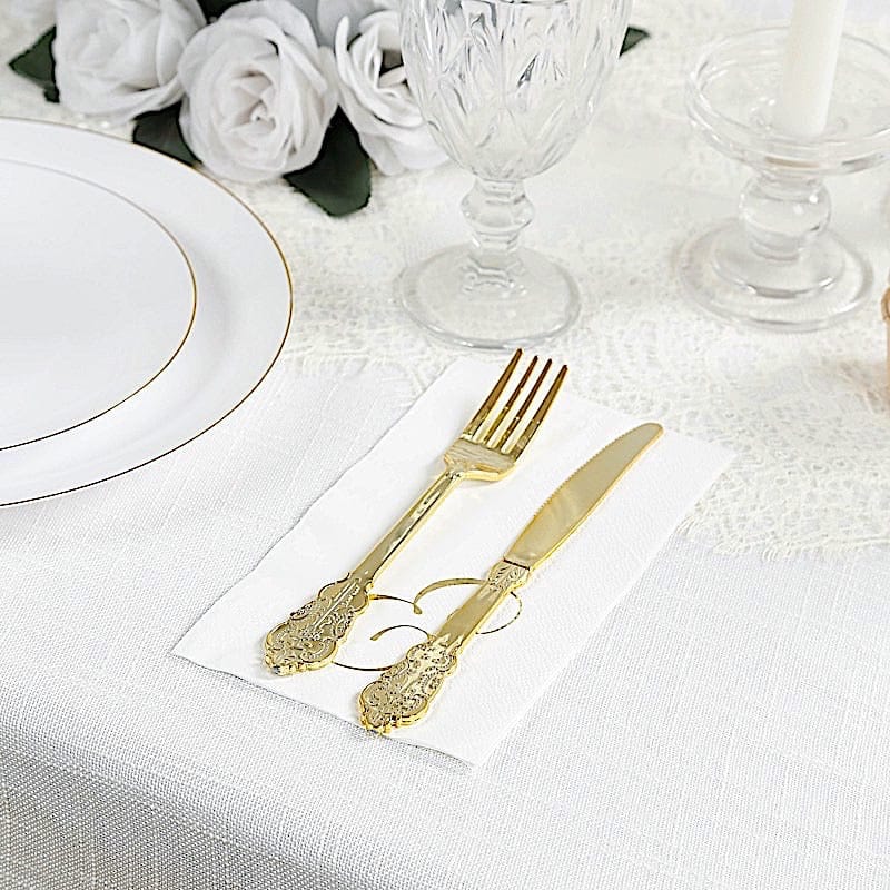 100 White Dinner Paper Napkins with Gold Foil Letter Design