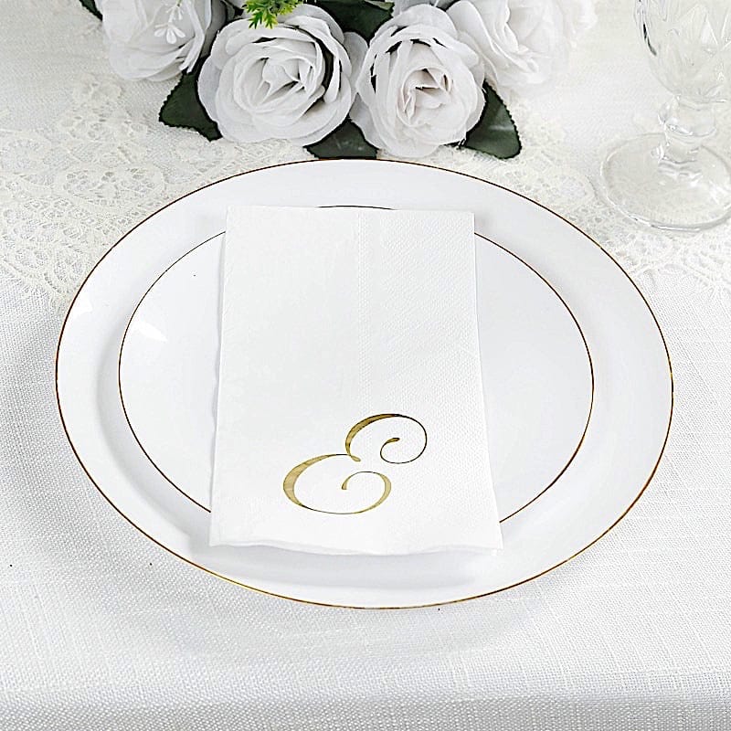 100 White Dinner Paper Napkins with Gold Foil Letter Design