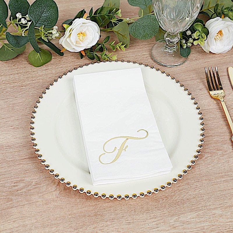 100 White Dinner Paper Napkins with Gold Foil Letter Design