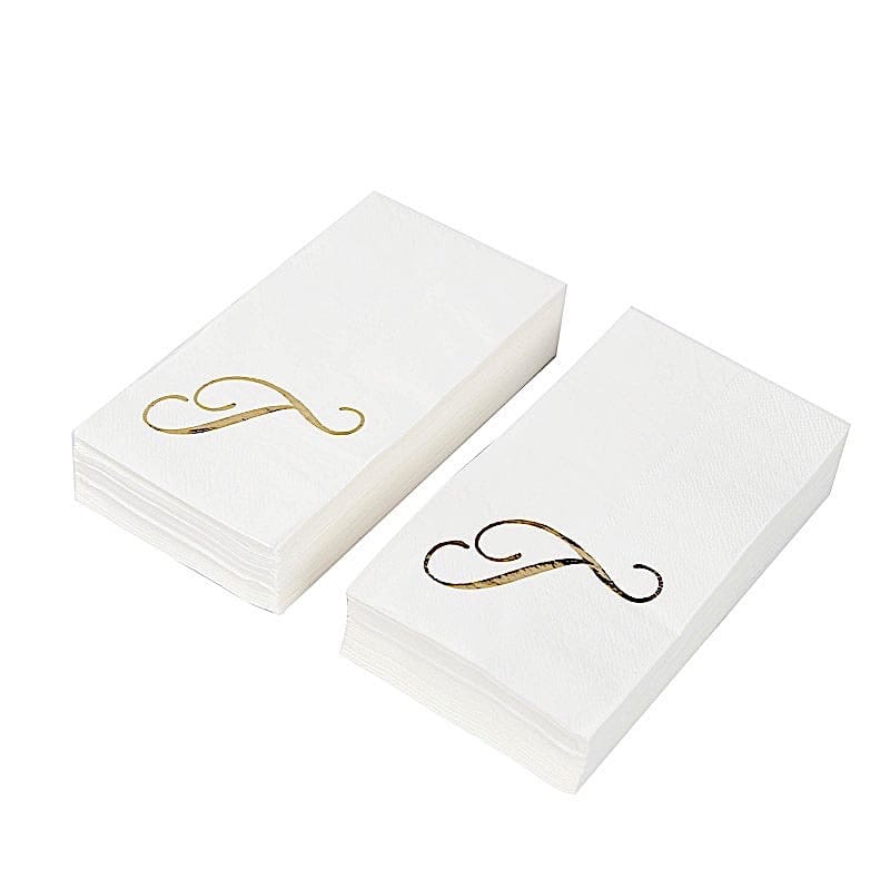 100 White Dinner Paper Napkins with Gold Foil Letter Design