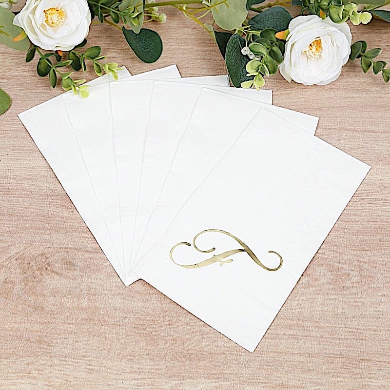 100 White Dinner Paper Napkins with Gold Foil Letter Design