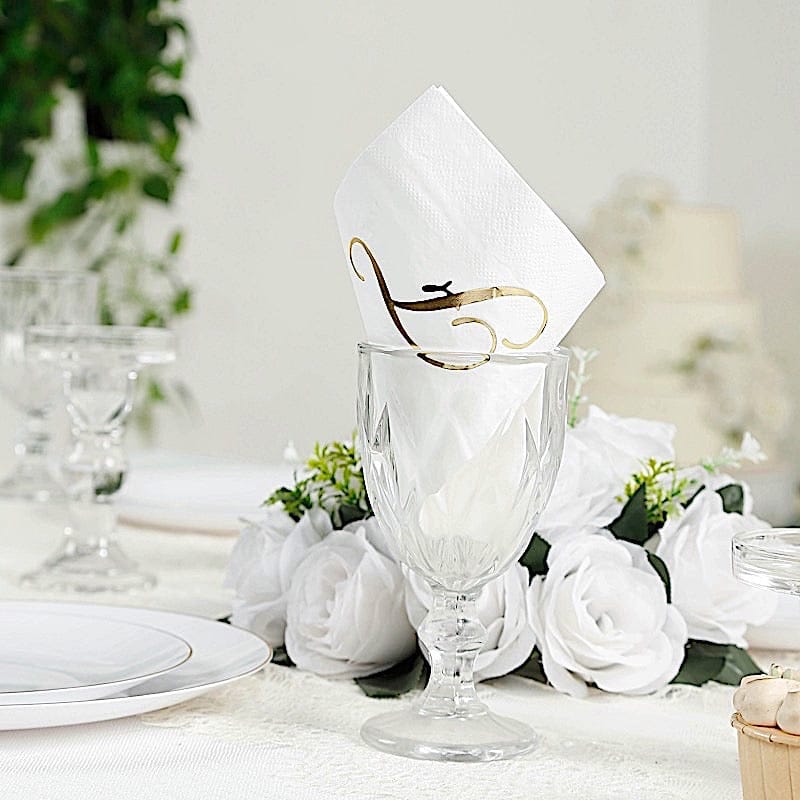 100 White Dinner Paper Napkins with Gold Foil Letter Design