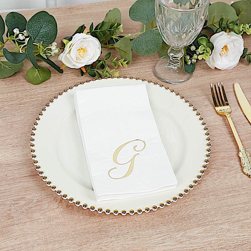 100 White Dinner Paper Napkins with Gold Foil Letter Design